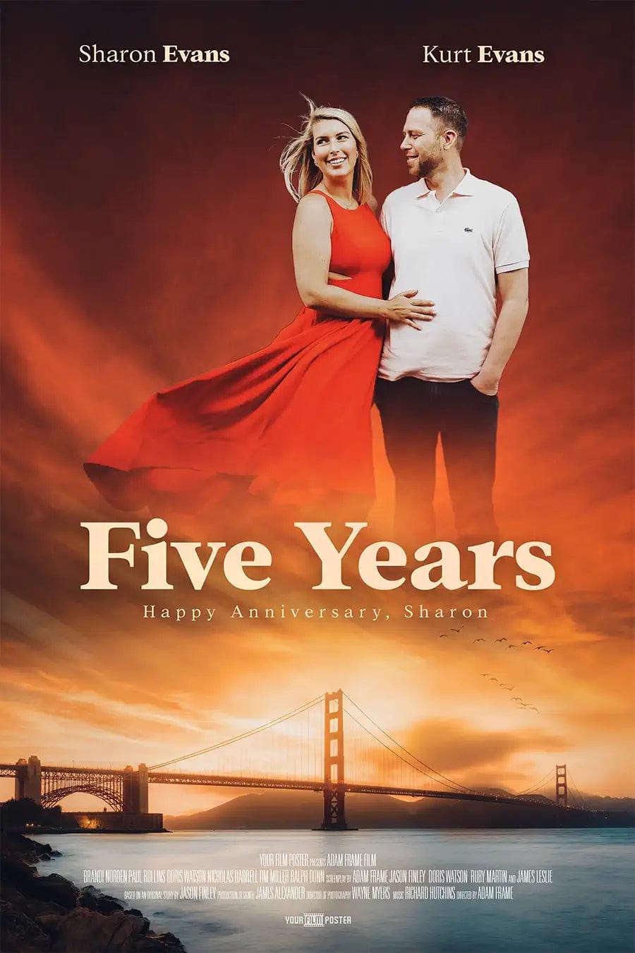 Romantic custom movie poster set in san francisco showing a couple smiling. Get your personalized custom movie poster today!