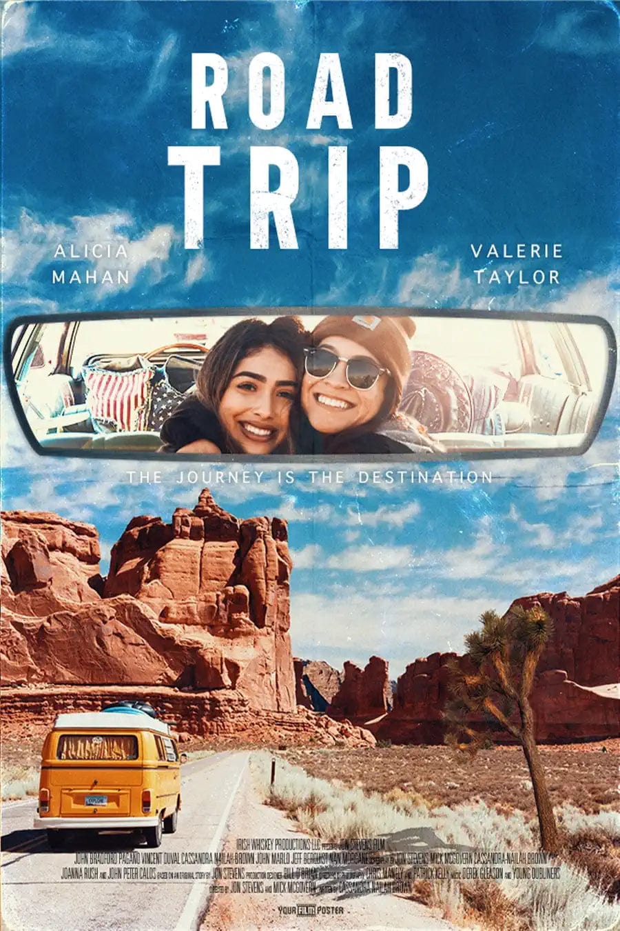 A customizable film poster showing a VW camper on an empty road in the desert, with a photo inside the rear view mirror of two friends on a roadtrip