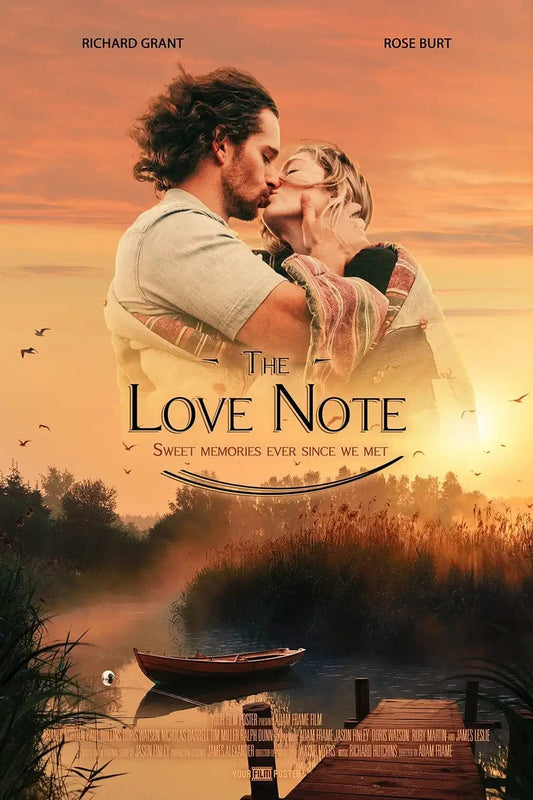 Your custom movie poster inspired on The Notebook. Upload your photo and fill in your own titles. This example is called The Love Note and shows a couple kissing.
