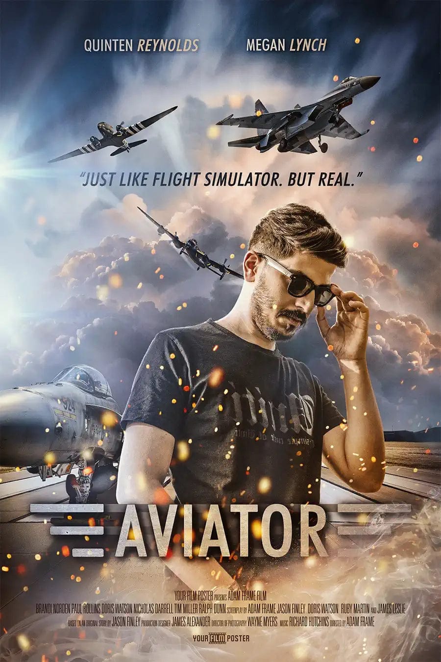Customizable movie poster based on the film Top Gun, showing a runway with jet planes flying around and a photo of a US navy pilot