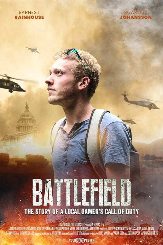 Customizable war movie poster, of a warzone with army helicopters and the white house. In the front is a photo of a young man