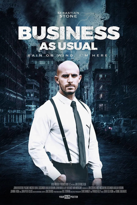 A personalizable action movie poster, showing an example of a man in a suit