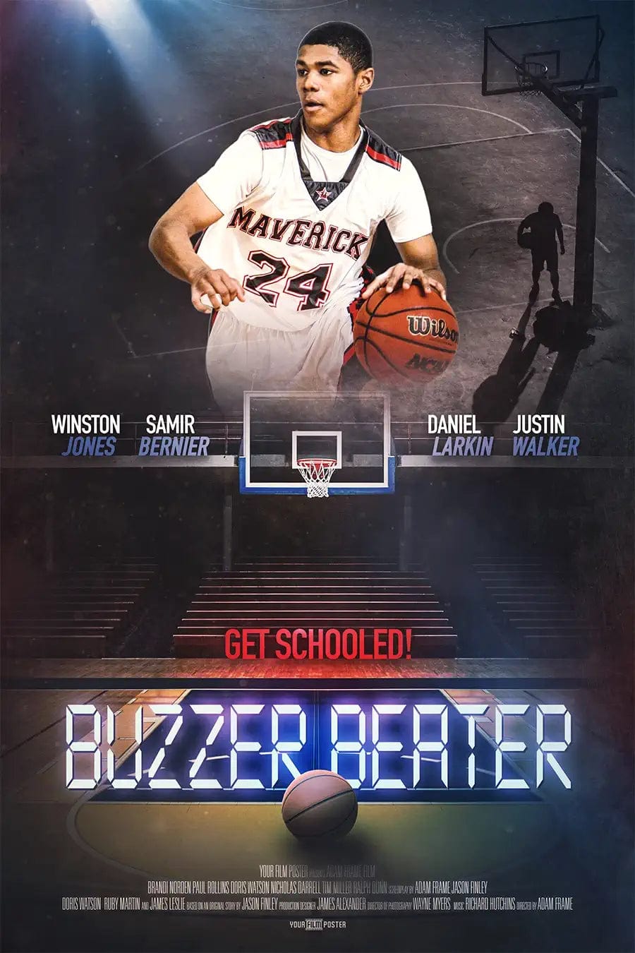 Basketball movie poster with your own photo and titles! This example shows a dark basketball field and a young man dribbling