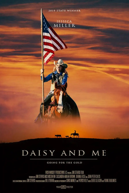 Western themed movie poster with a cowboy riding on the horizon, and a personalizable photo of a girl riding a horse whilst holding an american flag