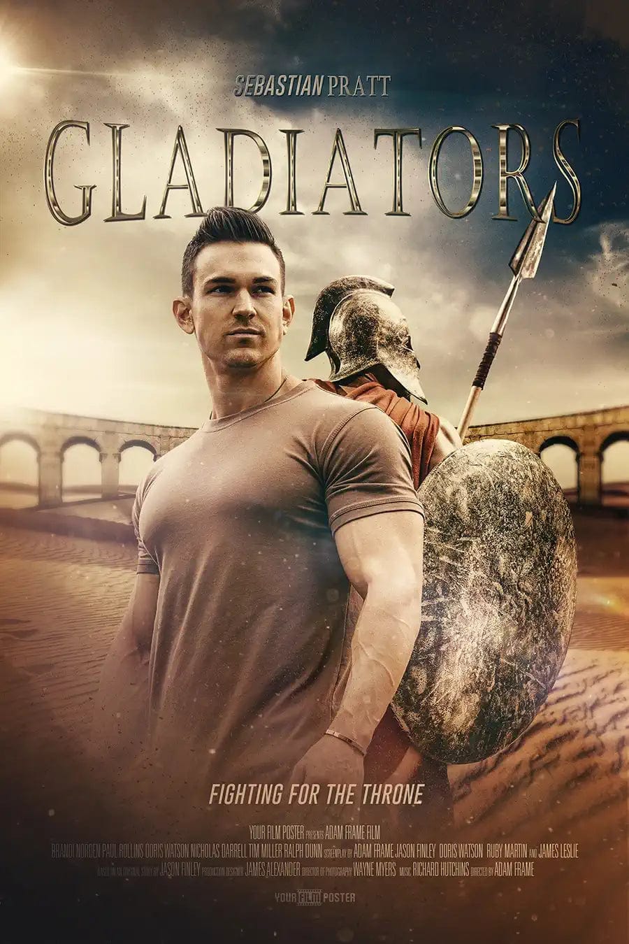 Custom movie poster with your own image, inspired on the movie Gladiator. Set in an amphitheater a man is standing back to back with a gladiator.