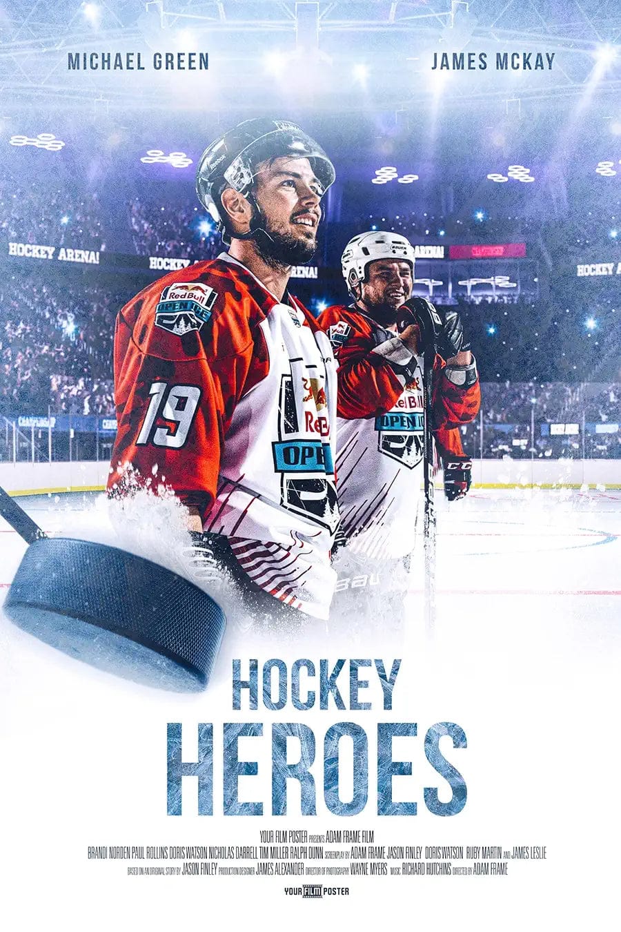 ice hockey themed personalized movie poster, showing two men in an ice hockey stadium