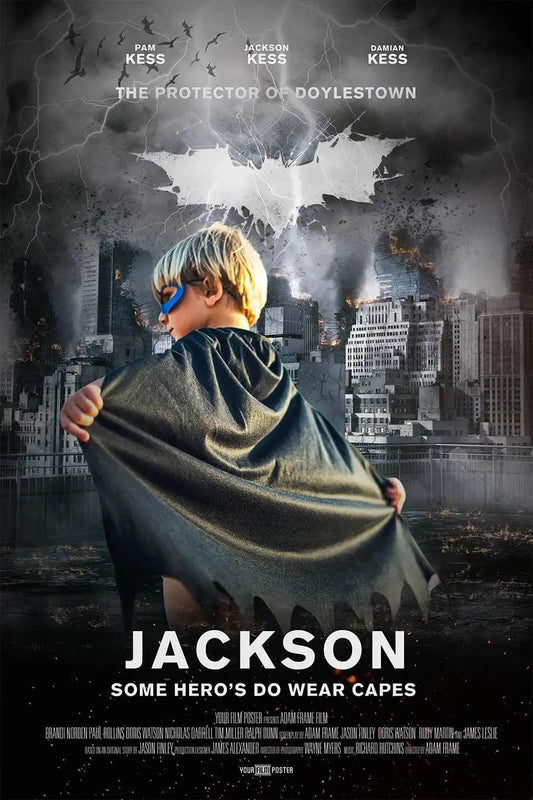 Your own customizable batman poster! Inspired on the batman movies set in Gotham. This example shows a kid dressed as a super hero!