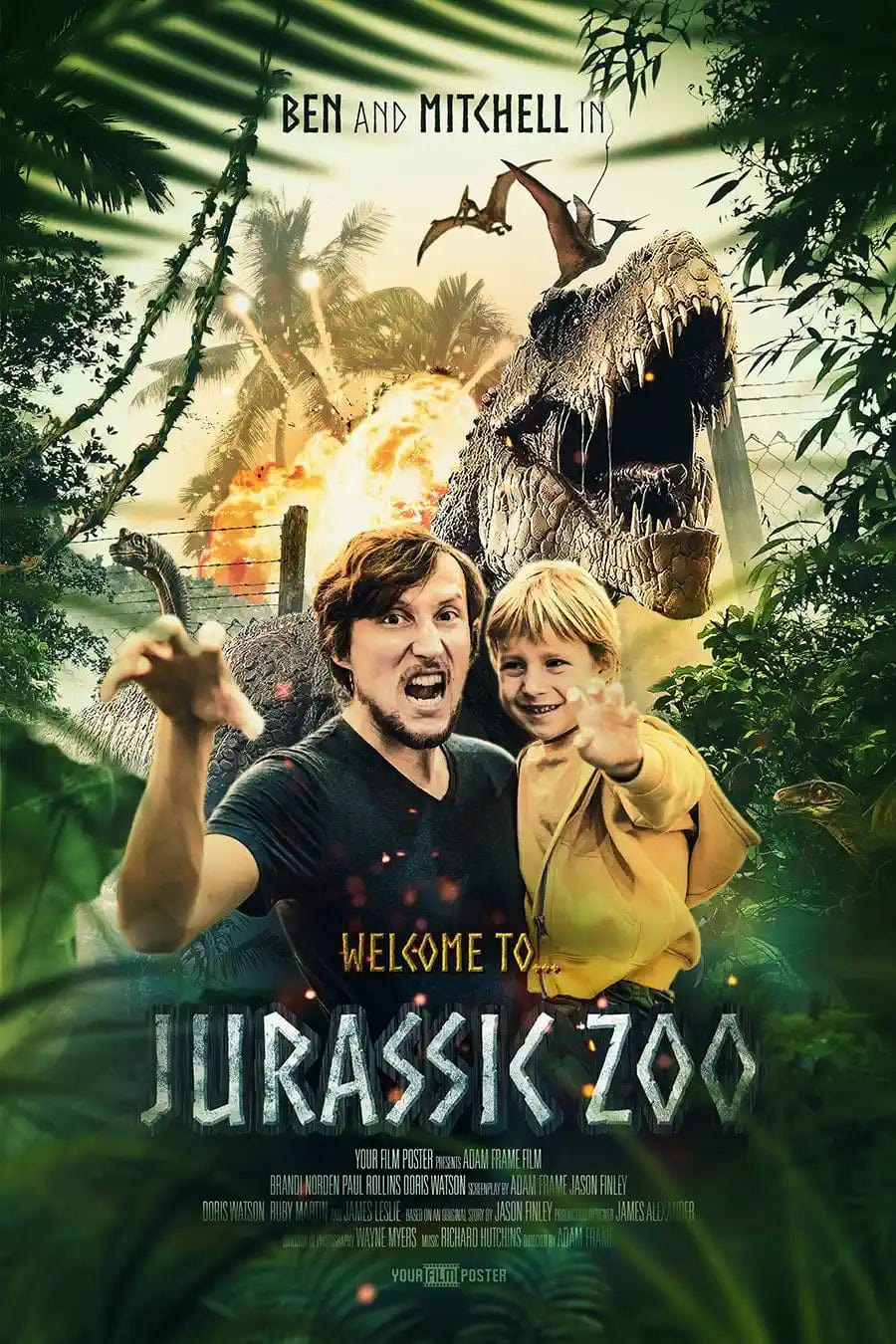 Your personalized movie poster inspired on Jurassic Park. A photo of a dad and his son in a jungle environment with a T-rex behind them!