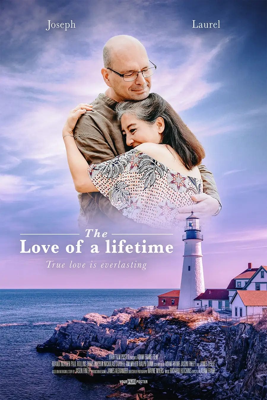Romantic custom movie poster with your own photo and titles! This example shows an older couple hugging called "The Love of a lifetime"