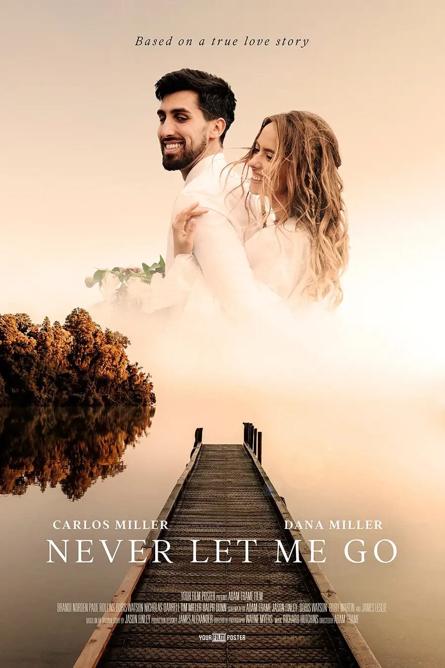 Romantic personalizable movie poster, set on a romantic pier, showing a newly wed couple