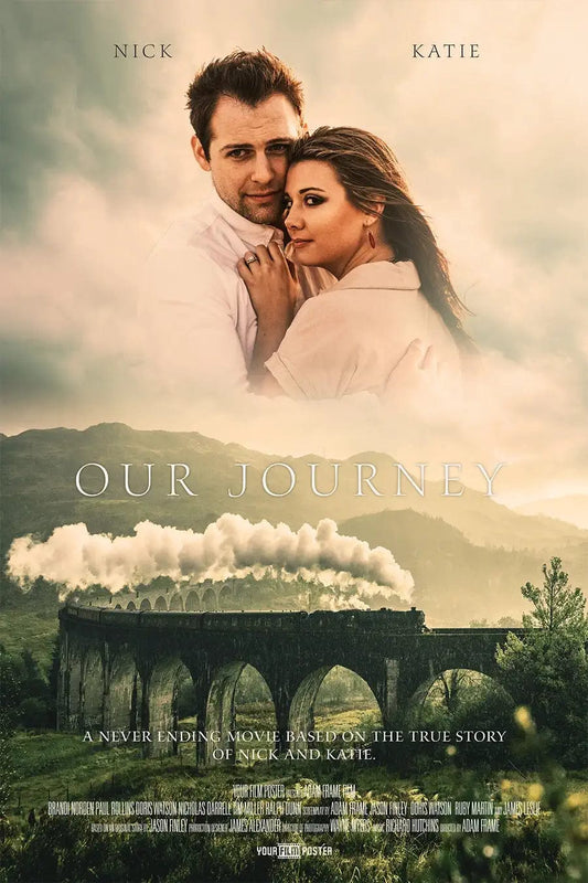 Romantic personalized movie poster of a rural countryside with a steam train on a bridge, and a hugging couple