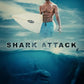 Jaws and Shark inspired custom movie poster showing a shark underneath the surface in the ocean, and your photo above that. In this case we're seeing a muscled man with a surf board.