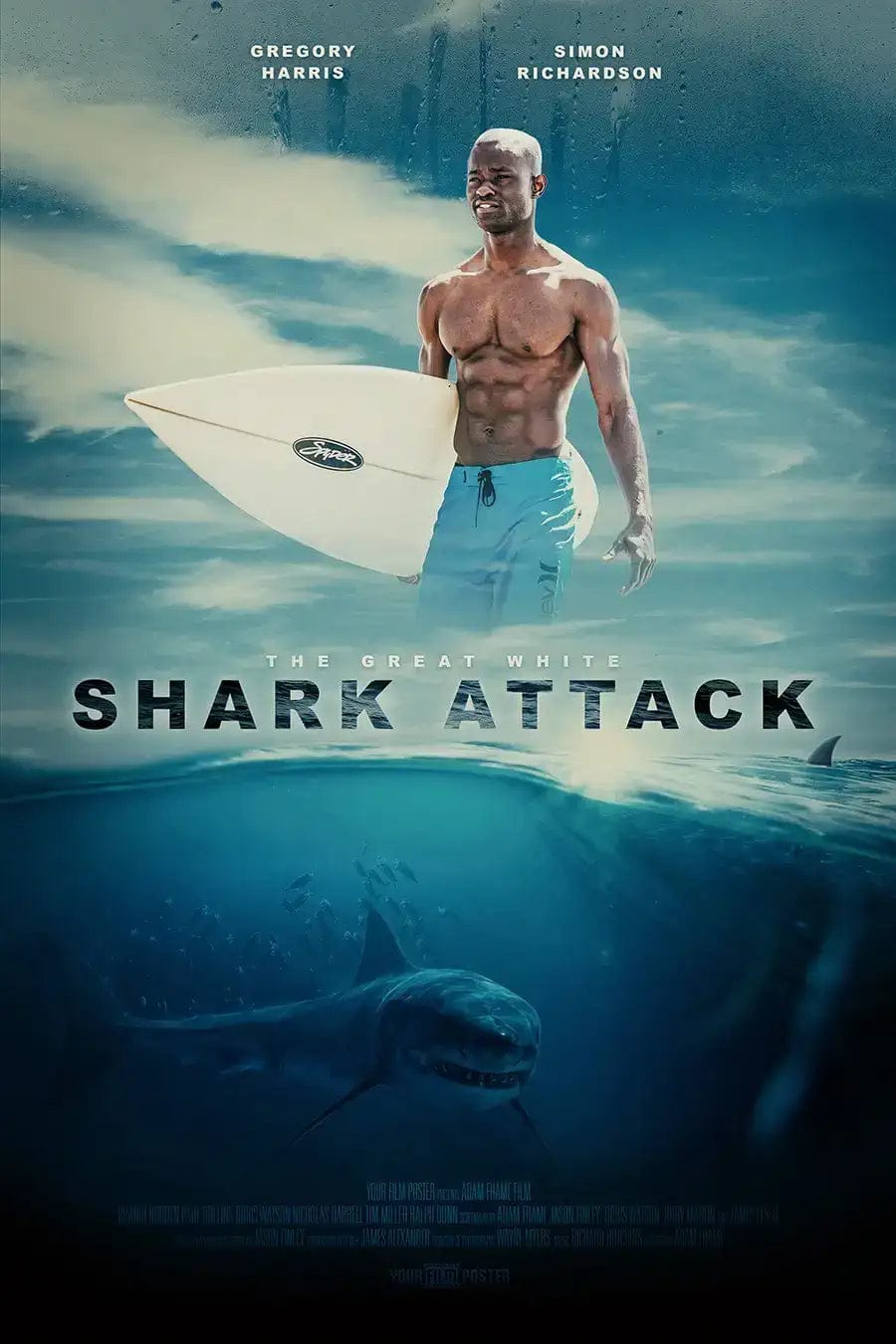 Jaws and Shark inspired custom movie poster showing a shark underneath the surface in the ocean, and your photo above that. In this case we're seeing a muscled man with a surf board.