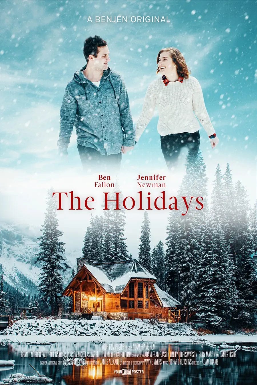 Personalizable film poster showing a cosy warm lake house in the snow, and a couple walking whilst looking at each other smiling