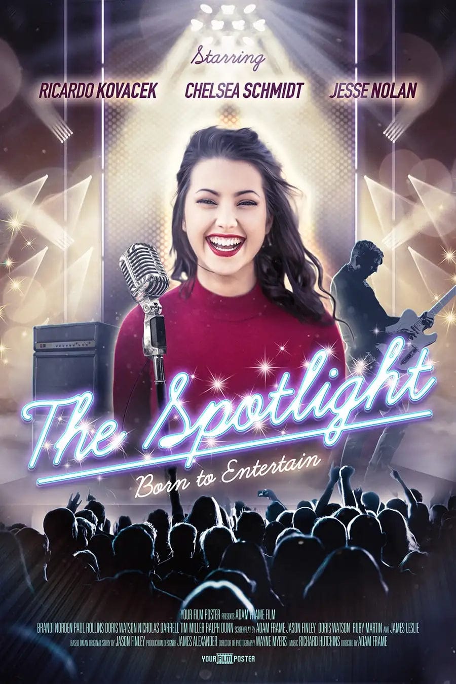 Custom movie poster that shows a band on a stage, a crowd cheering and in the spotlights a young lady who is smiling