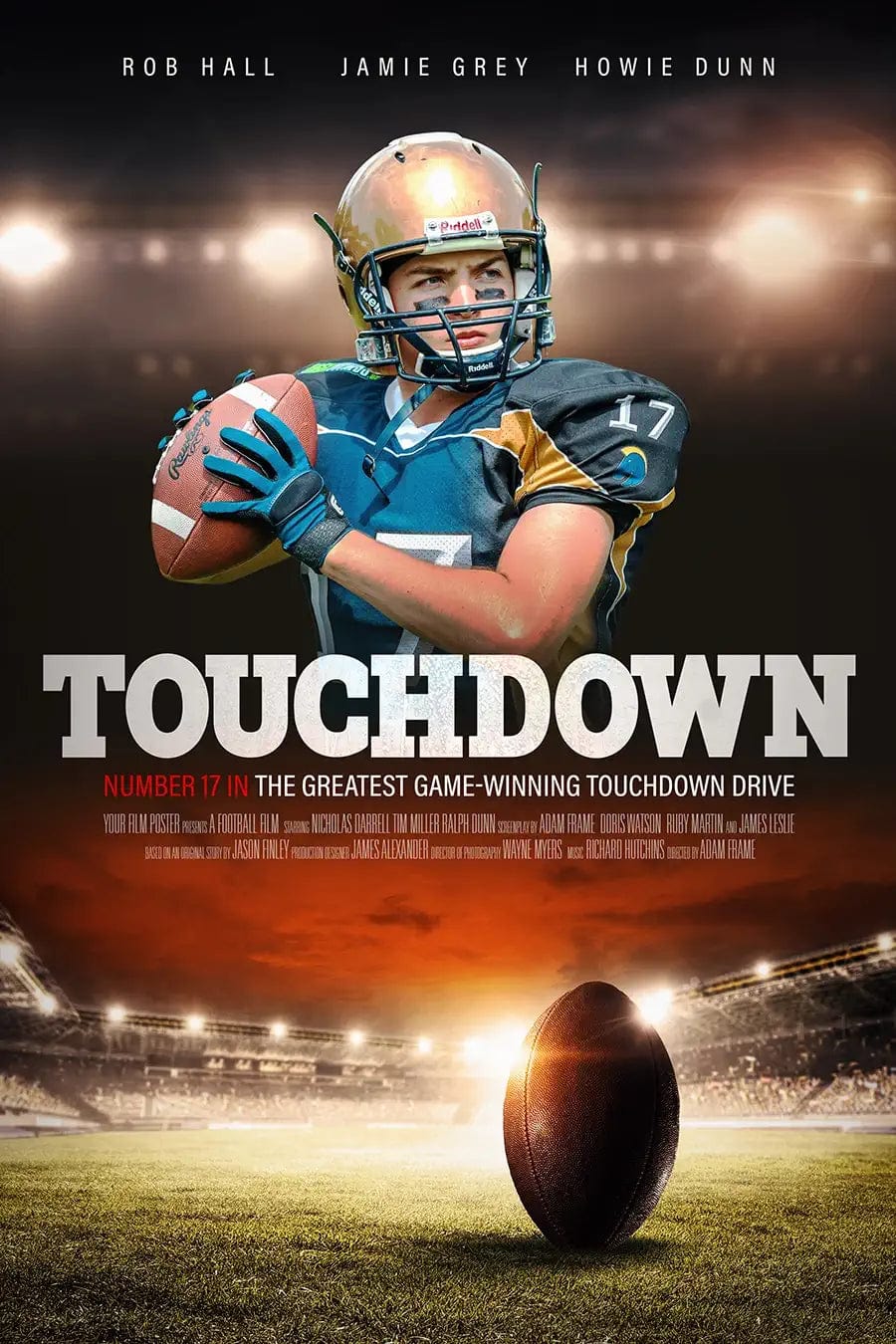 american football movie poster with your own photo, completely customizable and personalizable. This example is called Touchdown.